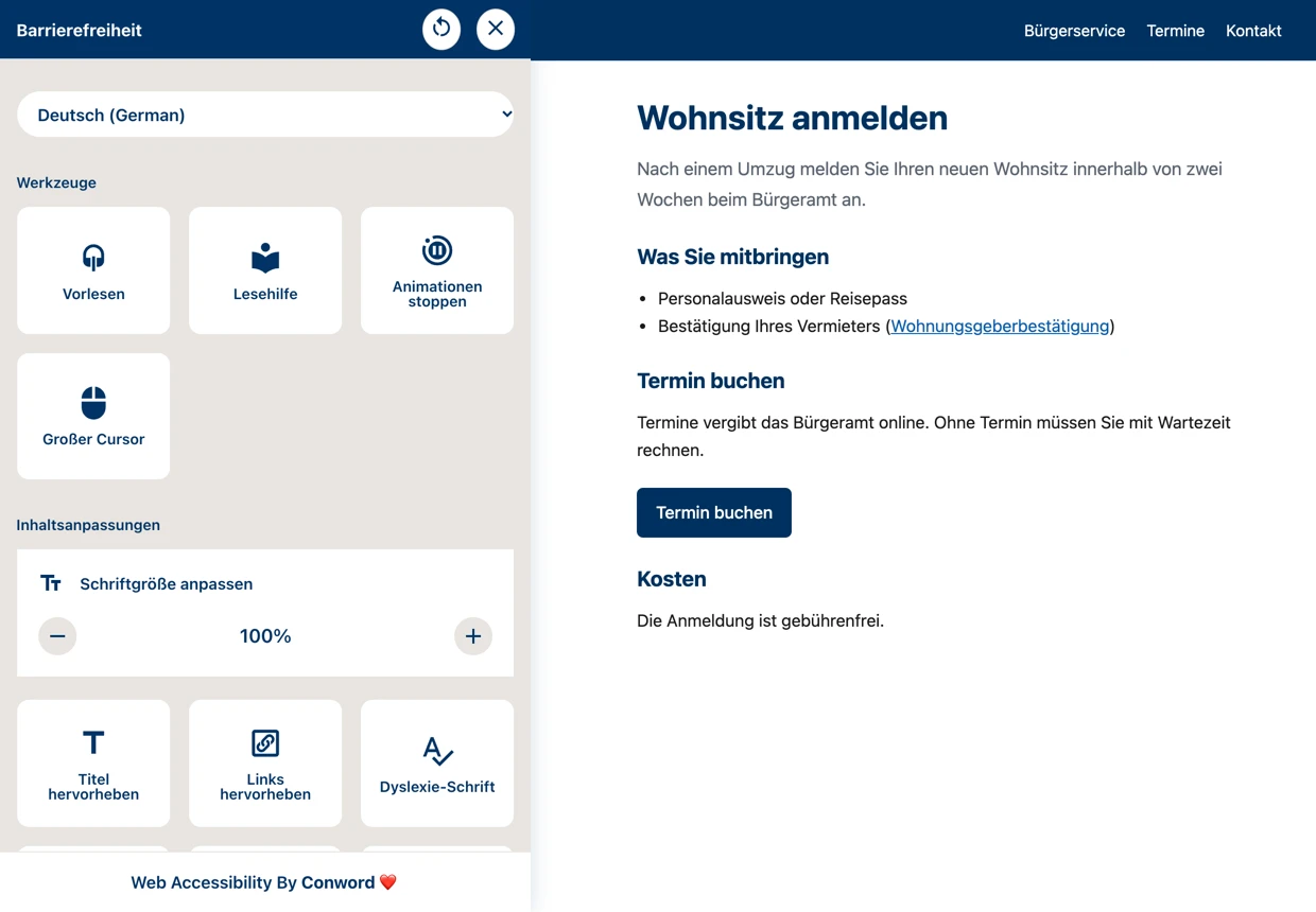 Das geöffnete Menü des Accessibility Widgets auf einer Beispielseite: Vorlesen, Lesehilfe, Animationen stoppen, großer Cursor, Schriftgröße.
