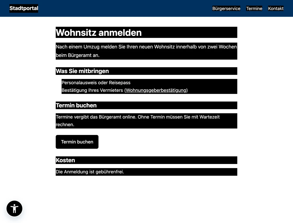 Beispielseite im dunklen Kontrast: Texte weiß auf schwarzem Grund; unten links der runde Button des Widgets.